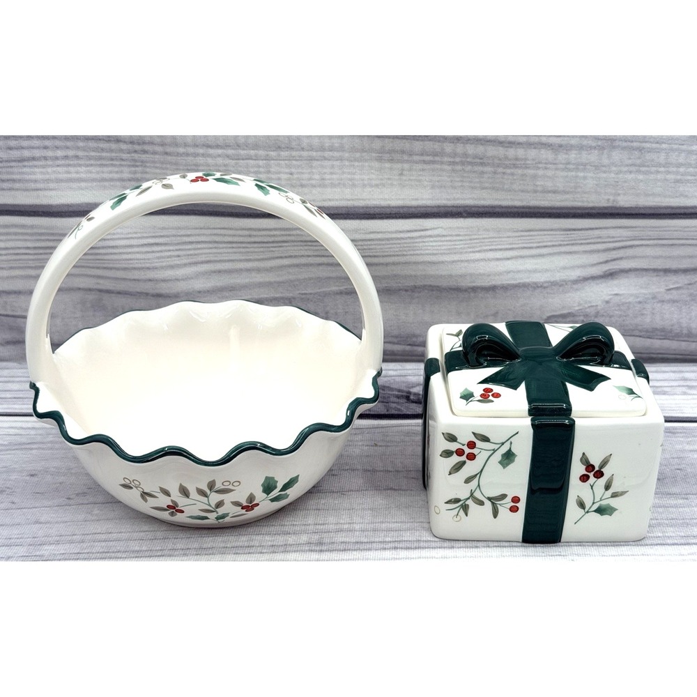 PFALTZGRAFF WINTERBERRY LIDDED CANDY GIFT BOX AND BASKET HANDLED CANDY BOWL